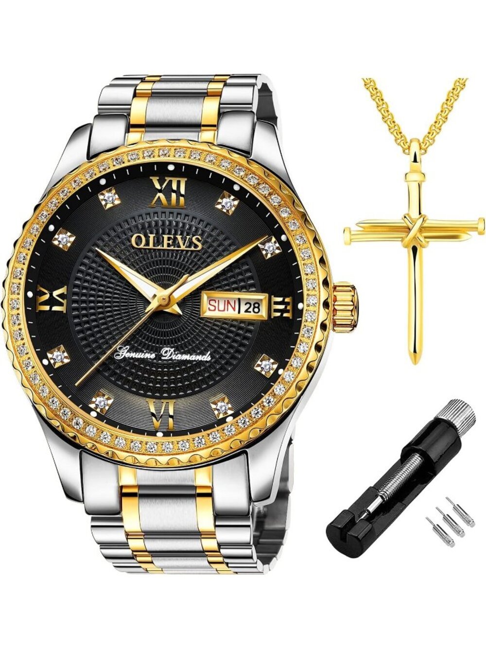 Men's Silver Black Diamond Stainless Waterproof Luminous Analog Luxury Watch